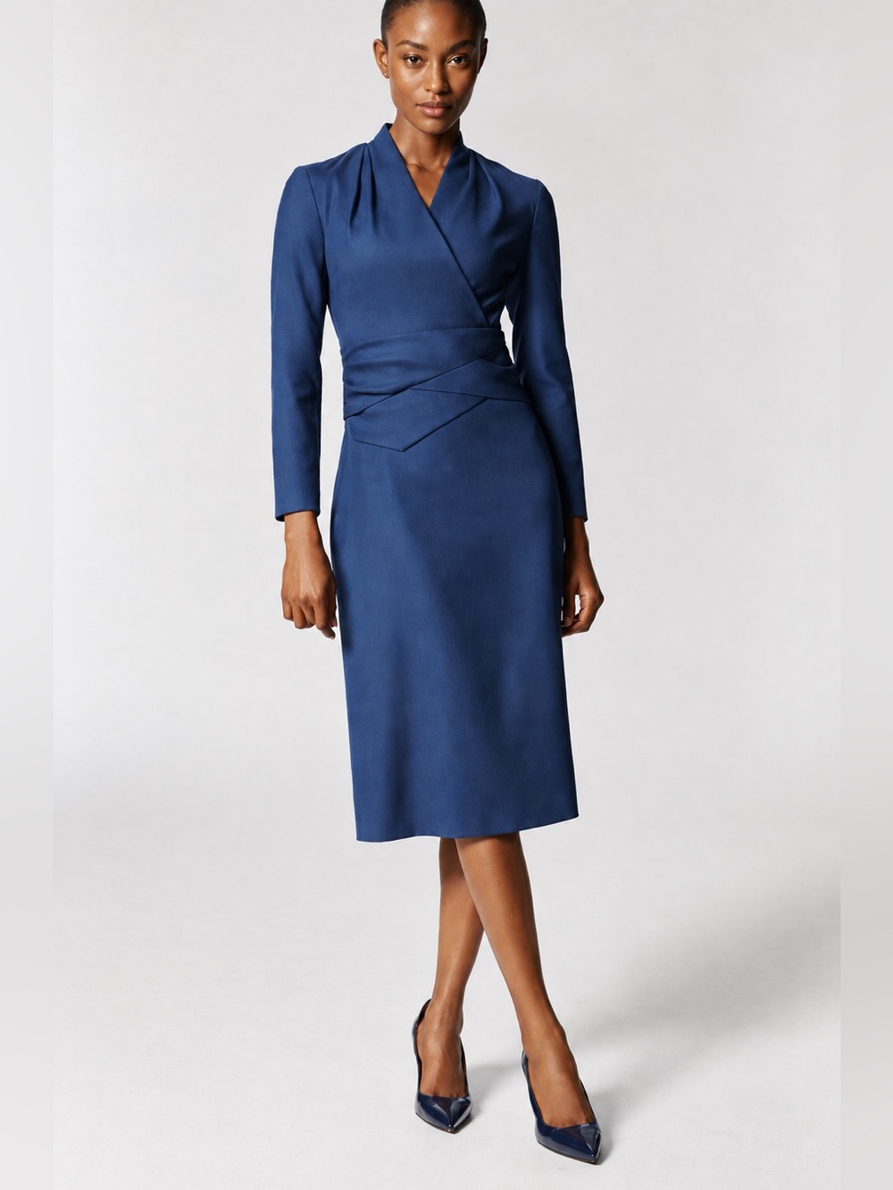 NWT The Fold London Westbury Dress Navy Blue Wool Wrap Midi Long Sleeve US 14